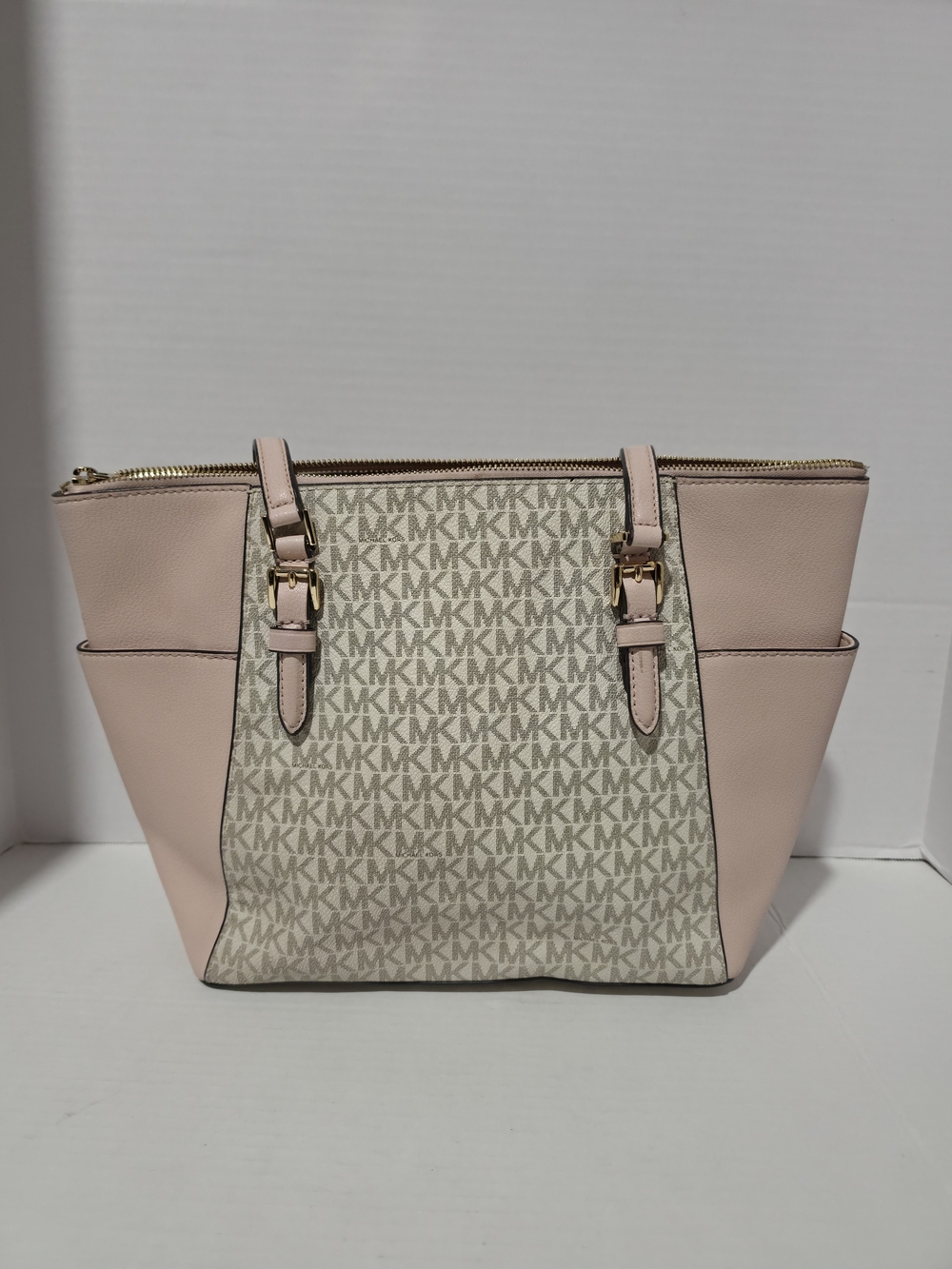 Michael Kors MK Monogram Zip Top Tote Beige/Blush Gold Hardware Charm Pockets - Picture 5 of 10